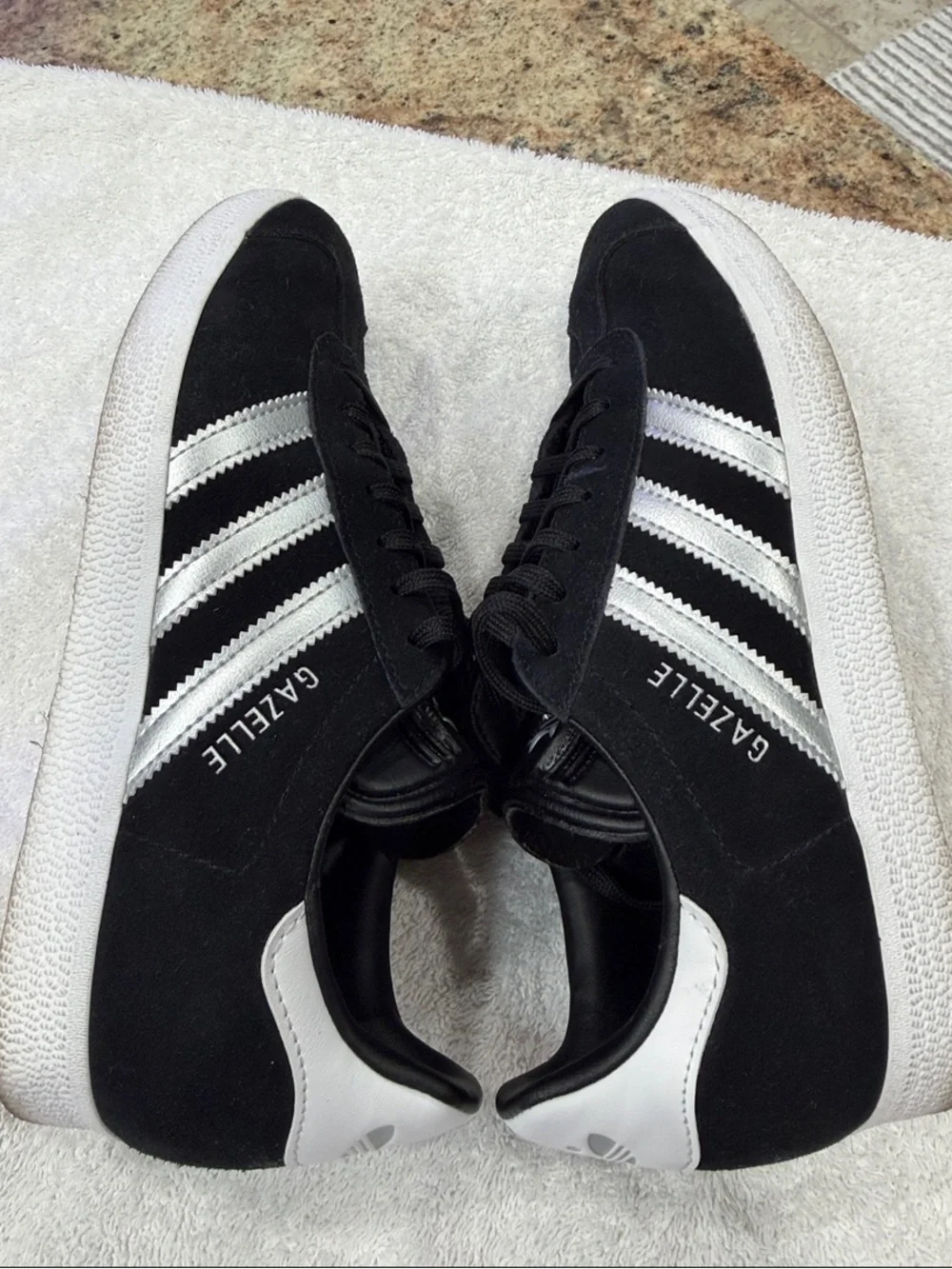 adidas Black, White, & Silver Gazelle Suede Women’s Sneakers